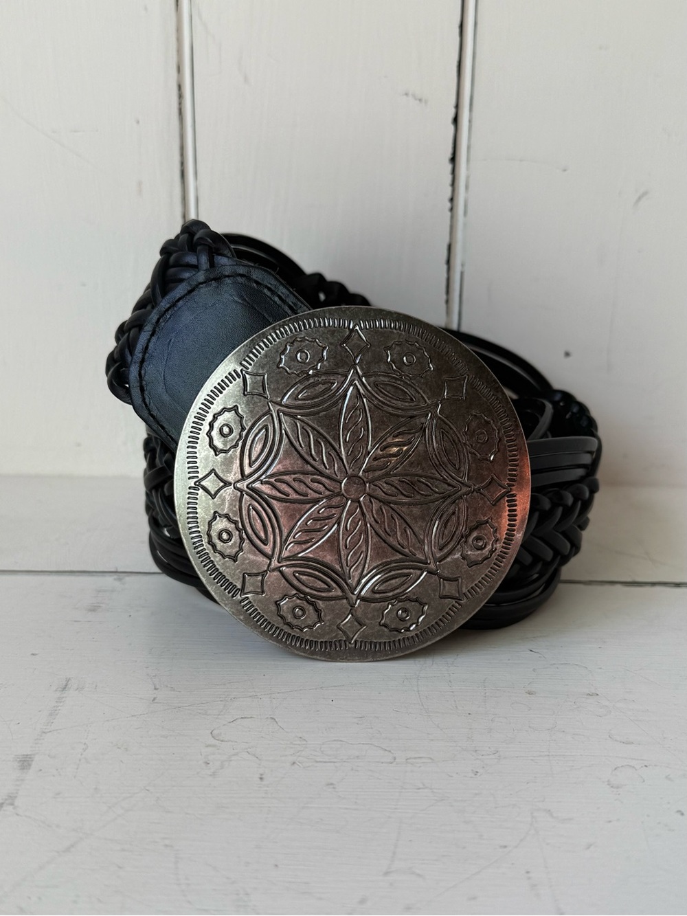 New York & Company Western Woven Leather Belt Oversized Silver Concho Buckle